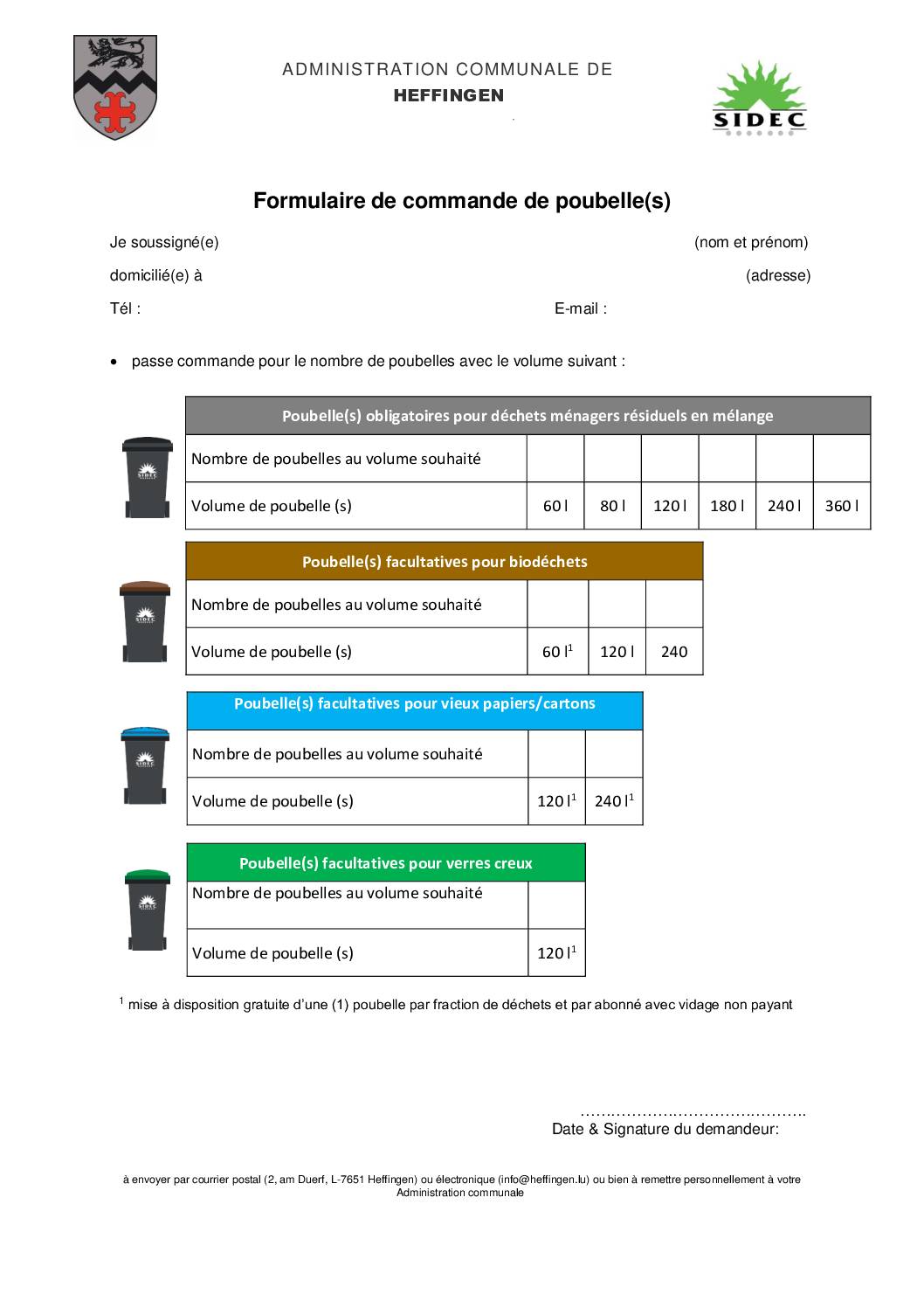 Formulaire de commande de poubelle(s)
