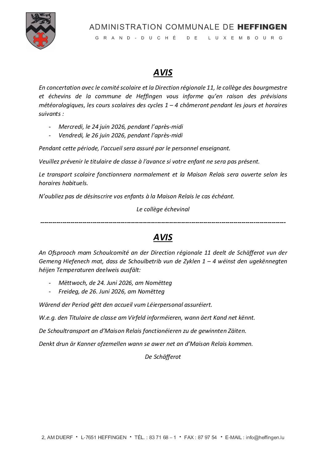 CANICULE: Annulation des cours